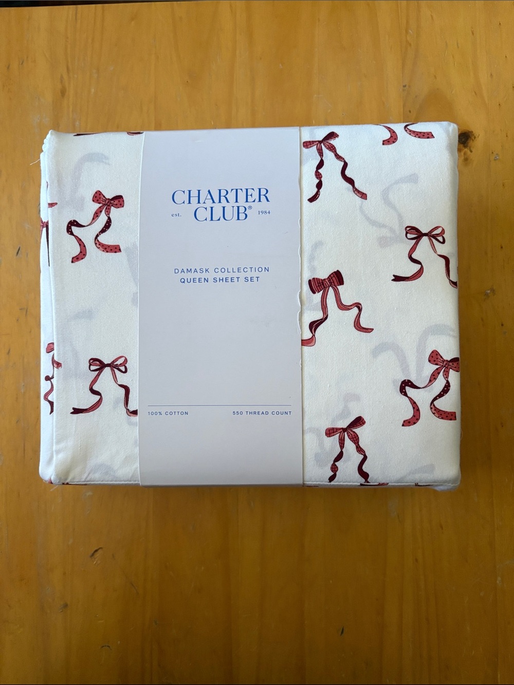 Charter Club White Sheet Set with Red Ribbon Motif